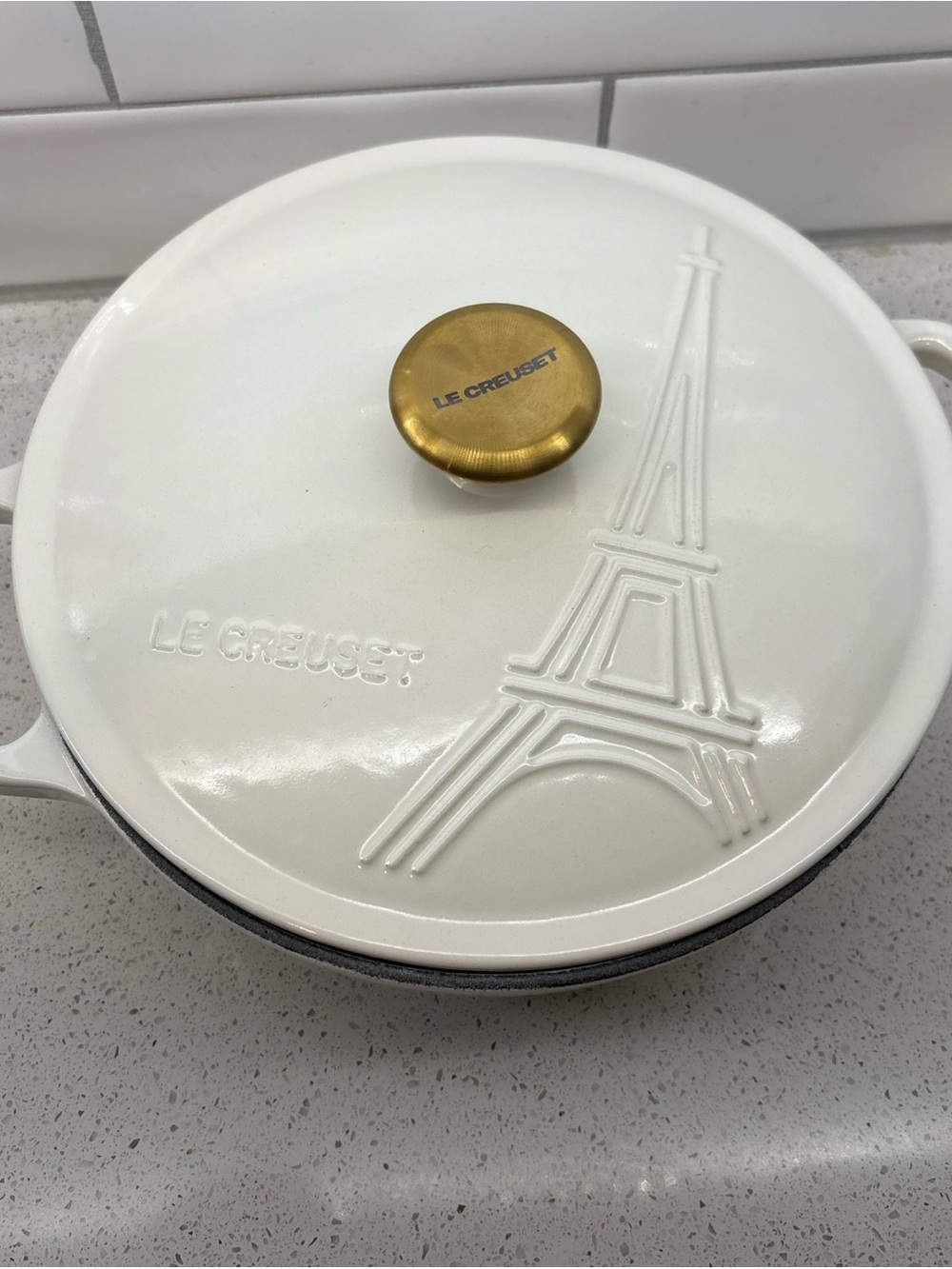 Le Creuset White Dutch Oven with Gold Knob and Eiffel Tower Relief